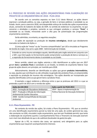 80
6.1 PROCESSO DE REVISÃO DAS AÇÕES ORÇAMENTÁRIAS PARA ELABORAÇÃO DO
PROJETO DE LEI ORÇAMENTÁRIA DE 2018 - PLOA 2018.
De acordo com os conceitos expostos no item 5.5.2 deste Manual, as ações devem
expressar a produção pública, ou seja, a geração de bens e serviços públicos à sociedade ou ao
Estado. Assim, para o exercício 2018, será despendido esforço de revisão das ações orçamentárias
atuais, constante do Cadastro de Ações do SIOP, no sentido de evidenciar no orçamento, no que
concerne a atividades e projetos, somente as que entregam produtos e serviços “finais” à
sociedade ou ao Estado, minorando assim o alto grau de pulverização das programações
orçamentárias existentes.
Serão admitidas, no entanto, as seguintes exceções:
1) ações de aquisição ou produção de insumos estratégicos, desde que devidamente
marcadas no Cadastro de Ações; e
2) única ação de “meios” ou de “insumos compartilhados” por UO e vinculada ao Programa
de Gestão do órgão. Esta será a ação 2000 - Administração da Unidade.
Entende-se como insumo estratégico aquele, identificado pelo órgão setorial em conjunto com
a SOF, cuja interrupção no fornecimento pode comprometer a produção de bens e serviços ou
a expansão do fornecimento destes à sociedade ou ao Estado.
Nesse sentido, caberá aos órgãos setoriais e UOs identificarem as ações que em 2017
geram bens e produtos finais à sociedade ou ao Estado, no âmbito do orçamento federal. Esse
grupo de ações deverá, em princípio, ser mantido para 2018.
Adicionalmente, deverão ser identificadas as ações que geram produtos intermediários,
ou seja, aquelas que contribuem ou são utilizadas na geração dos produtos finais, aí compreendida
a aquisição ou produção de insumos não estratégicos. Tais ações deverão ser incorporadas por
aquelas identificadas como as que geram bens e produtos finais.
O exemplo a seguir evidencia a diferença entre o que se praticava até 2012 e o que se
pretendeu a partir de 2013 com a revisão das ações:
Ações da LOA 2012 Ação a partir do PLOA 2013
4932 - Formação de Educadores Ambientais 20VY - Apoio à Implementação da
Política Nacional de Educação Ambiental6857 - Produção e Difusão de Informação
Ambiental de Caráter Educativo
2D08 - Gestão Compartilhada da Educação
Ambiental
6.1.1. Plano Orçamentário - PO
No contexto da revisão das ações, foi criado o Plano Orçamentário - PO, que se constitui
em uma identificação orçamentária parcial ou total de uma ação, de caráter gerencial (ou seja,
não constante na LOA), vinculada à ação orçamentária, que tem por finalidade permitir que tanto
a elaboração do orçamento quanto o acompanhamento físico e financeiro da execução ocorram
num nível mais detalhado do que o do subtítulo (localizador de gasto) da ação.
Apesar de o PO, na maioria dos casos, ser opcional, será obrigatório para as ações
orçamentárias que requerem acompanhamento intensivo.
 