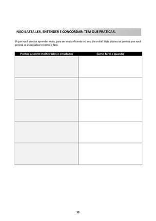 NÃO BASTA LER, ENTENDER E CONCORDAR: TEM QUE PRATICAR.
O que você precisa aprender mais, para ser mais eficiente no seu dia-a-dia? Liste abaixo os pontos que você
precisa se especializar e como o fará.

Pontos a serem melhorados e estudados

Como farei e quando

19

 
