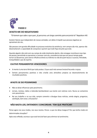 PASSO 2
AFASTO-ME DO NEGATIVISMO
“O homem que sabe o que quer, já percorreu um longo caminho para encontrá-lo” Napoleon Hill.
Existem fatores que independem de nossas vontades; um deles é impedir que pessoas negativas se
aproximem de nós.
São pessoas com grande dificuldade no processo evolutivo da existência; nem sempre são más, apenas não
desenvolveram a capacidade de conquista e querem que tudo fique do jeito que está.
Quando alguém não está com seu campo de visão totalmente aberto, não consegue reconhecer esse tipo
de pessoa, permitindo-se aproximar e conviver com ela, convivência esta que em pouco tempo pode
tornar-se desastrosa, pois exerce influência direta ou indireta na vida de quem busca o sucesso, felicidade,
tranquilidade e paz de espirito.

CULTIVE PENSAMENTOS VENCEDORES


A mente é uma terra fértil que tudo produz. O que você nela semear brotará fecundo e viçoso.



Semeie pensamentos positivos e eles criarão uma atmosfera propícia ao desenvolvimento de
resultados positivos.

AFASTE-SE DO PESSIMISMO


Não se deixe influenciar pelo pessimismo.



Jornais, revistas, rádios e televisão bombardeiam sua mente com notícias ruins. Nunca se contamine
com pessimismo.



No seu trabalho e na sua vida, sempre comente e divulgue boas noticias, venda alegria, progresso,
satisfação, bem estar, entusiasmo!

NÃO BASTA LER, ENTENDER E CONCORDAR. TEM QUE PRATICAR!
Pense agora nos seus medos, nos seus receios. Pense: o que me deixa inseguro? Por que tenho medo em
determinadas situações?
Após esta reflexão, escreva o que você terá de fazer para eliminar tal sentimento.

4

 