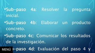 •Sub-paso 4a: Resolver la pregunta
inicial.
•Sub-paso 4b: Elaborar un producto
concreto.
•Sub-paso 4c: Comunicar los resultados
de la investigación.
•Sub-paso 4d: Evaluación del paso 4 yMENÚ
 