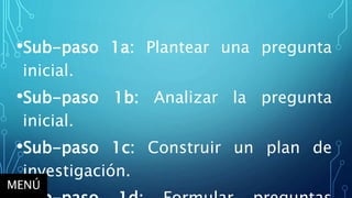 •Sub-paso 1a: Plantear una pregunta
inicial.
•Sub-paso 1b: Analizar la pregunta
inicial.
•Sub-paso 1c: Construir un plan de
investigación.
MENÚ
 