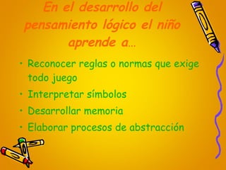 En el desarrollo del pensamiento lógico el niño aprende a … Reconocer reglas o normas que exige todo juego Interpretar símbolos Desarrollar memoria Elaborar procesos de abstracción 