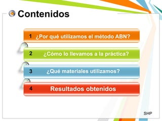 ¿Por qué utilizamos el método ABN?
¿Cómo lo llevamos a la práctica?
¿Qué materiales utilizamos?
Resultados obtenidos4
1
2
3
Contenidos
SHP
 