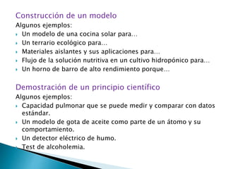 Construcción de un modelo
Algunos ejemplos:
 Un modelo de una cocina solar para…
 Un terrario ecológico para…
 Materiales aislantes y sus aplicaciones para…
 Flujo de la solución nutritiva en un cultivo hidropónico para…
 Un horno de barro de alto rendimiento porque…
Demostración de un principio científico
Algunos ejemplos:
 Capacidad pulmonar que se puede medir y comparar con datos
estándar.
 Un modelo de gota de aceite como parte de un átomo y su
comportamiento.
 Un detector eléctrico de humo.
 Test de alcoholemia.
 