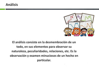 El análisis consiste en la desmembración de un
todo, en sus elementos para observar su
naturaleza, peculiaridades, relaciones, etc. Es la
observación y examen minuciosos de un hecho en
particular.
Análisis
 