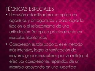 TÉCNICAS ESPECIALES 
• Percusión estabilizadora: se aplica en 
agonistas y antagonistas; y para lograr la 
fijación o el reforzamiento de una 
articulación. Se aplica principalmente en 
músculos hipotónicos. 
• Compresión estabilizadora: es el método 
más intensivo, logra la tonificación de 
mayores grupos musculares por vía refleja, al 
efectuar compresiones repetidas de un 
miembro apoyando en una superficie. 
 