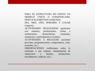 PARA SU ESTRUCTURA NO EXISTE UN 
MODELO UNICO O CONSENSUADO, 
PERO SI ELEMENTOS COMUNES: 
DIA, MES, AÑO, HORARIO Y LUGAR 
(espacio). 
ACTIVIDADES REALIZADAS (gestiones 
con usuarios, profesionales, visitas a 
instituciones, domiciliarias, reuniones, 
asistencias y participación a eventos). 
ACTIVIDADES A REALIZAR (acciones 
previstas, programaciones, compromisos, citas, 
acuerdos, etc.) 
OBSERVACIONES (reflexiones sobre lo 
realizado o por realizar, interpretación de 
situaciones y hechos, anotaciones, 
recordatorios, indicios, etc.) 
 