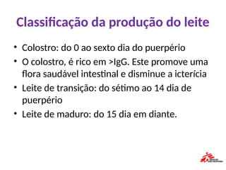 Classificação da produção do leite
• Colostro: do 0 ao sexto dia do puerpério
• O colostro, é rico em >IgG. Este promove uma
flora saudável intestinal e disminue a icterícia
• Leite de transição: do sétimo ao 14 dia de
puerpério
• Leite de maduro: do 15 dia em diante.
 