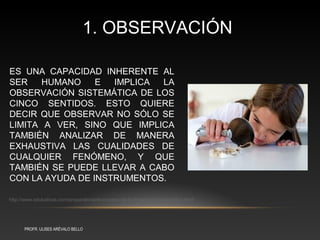 1. OBSERVACIÓN

ES UNA CAPACIDAD INHERENTE AL
SER    HUMANO    E  IMPLICA LA
OBSERVACIÓN SISTEMÁTICA DE LOS
CINCO SENTIDOS. ESTO QUIERE
DECIR QUE OBSERVAR NO SÓLO SE
LIMITA A VER, SINO QUE IMPLICA
TAMBIÉN ANALIZAR DE MANERA
EXHAUSTIVA LAS CUALIDADES DE
CUALQUIER FENÓMENO, Y QUE
TAMBIÉN SE PUEDE LLEVAR A CABO
CON LA AYUDA DE INSTRUMENTOS.

http://www.edukativos.com/preparatoria/el-proceso-de-la-investigacion-cientifica.html




       PROFR. ULISES ARÉVALO BELLO
 