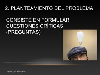 2. PLANTEAMIENTO DEL PROBLEMA

    CONSISTE EN FORMULAR
    CUESTIONES CRÍTICAS
    (PREGUNTAS)




http://www.edukativos.com/preparatoria/el-proceso-de-la-investigacion-cientifica.html




       PROFR. ULISES ARÉVALO BELLO
 