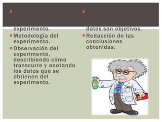 Enumeración del          Representación de
  material que se           resultados. Se pueden
  necesita para el          realizar gráficas si los
  experimento.              datos son objetivos.
 Metodología del          Redacción de las
  experimento.              conclusiones
 Observación del           obtenidas.
  experimento,
  describiendo cómo
  transcurre y anotando
  los datos que se
  obtienen del
  experimento.
 