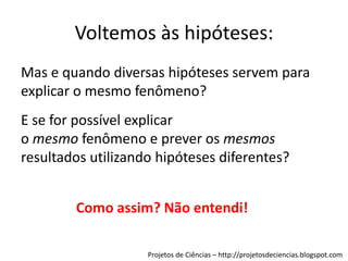 Voltemos às hipóteses:
Mas e quando diversas hipóteses servem para
explicar o mesmo fenômeno?
E se for possível explicar
o mesmo fenômeno e prever os mesmos
resultados utilizando hipóteses diferentes?

Como assim? Não entendi!
Projetos de Ciências – http://projetosdeciencias.blogspot.com

 