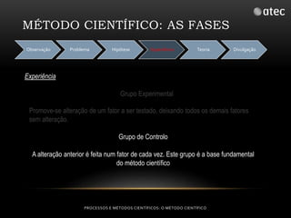 MÉTODO CIENTÍFICO: AS FASES 
Observação Problema Hipótese Experiência Teoria Divulgação 
PROCESSOS E MÉTODOS CIENTÍFICOS: O MÉTODO CIENTÍFICO 
Experiência 
Grupo Experimental 
Promove-se alteração de um fator a ser testado, deixando todos os demais fatores 
sem alteração. 
Grupo de Controlo 
A alteração anterior é feita num fator de cada vez. Este grupo é a base fundamental 
do método científico 
 