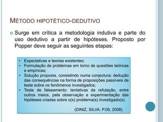 MÉTODO HIPOTÉTICO-DEDUTIVO 
 Surge em crítica a metodologia indutiva e parte do 
uso dedutivo a partir de hipóteses. Proposto por 
Popper deve seguir as seguintes etapas: 
• Expectativas e teorias existentes; 
• Formulação de problemas em torno de questões teóricas 
e empíricas; 
• Solução proposta, consistindo numa conjectura; dedução 
das consequências na forma de proposições passíveis de 
teste sobre os fenômenos investigados; 
• Teste de falseamento: tentativas de refutação, entre 
outros meios, pela observação e experimentação das 
hipóteses criadas sobre o(s) problema(s) investigado(s). 
(DINIZ, SILVA. P.09, 2008) 
 