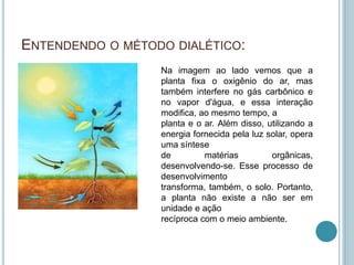 ENTENDENDO O MÉTODO DIALÉTICO: 
Na imagem ao lado vemos que a 
planta fixa o oxigênio do ar, mas 
também interfere no gás carbônico e 
no vapor d'água, e essa interação 
modifica, ao mesmo tempo, a 
planta e o ar. Além disso, utilizando a 
energia fornecida pela luz solar, opera 
uma síntese 
de matérias orgânicas, 
desenvolvendo-se. Esse processo de 
desenvolvimento 
transforma, também, o solo. Portanto, 
a planta não existe a não ser em 
unidade e ação 
recíproca com o meio ambiente. 
 