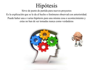 Hipótesis
Sirve de punto de partida para nuevos proyectos
Es la explicación que se le da al hecho o fenómeno observad con anterioridad.
Puede haber una o varias hipótesis para una misma cosa o acontecimiento y
estas no han de ser tomadas nunca como verdaderas
 