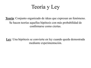 Teoría y Ley
Teoría: Conjunto organizado de ideas que expresan un fenómeno.
Se hacen teorías aquellas hipótesis con más probabilidad de
confirmarse como ciertas.
Ley: Una hipótesis se convierte en ley cuando queda demostrada
mediante experimentación.
 