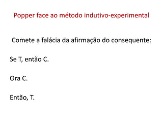 Popper face ao método indutivo-experimental
Comete a falácia da afirmação do consequente:
Se T, então C.
Ora C.
Então, T.
 