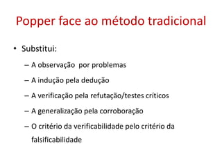 Popper face ao método tradicional
• Substitui:
– A observação por problemas
– A indução pela dedução
– A verificação pela refutação/testes críticos
– A generalização pela corroboração
– O critério da verificabilidade pelo critério da
falsificabilidade
 