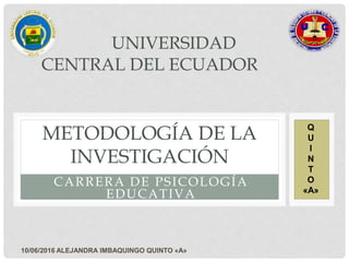 CARRERA DE PSICOLOGÍA
EDUCATIVA
UNIVERSIDAD
CENTRAL DEL ECUADOR
METODOLOGÍA DE LA
INVESTIGACIÓN
10/06/2016 ALEJANDRA IMBAQUINGO QUINTO «A»
Q
U
I
N
T
O
«A»
 