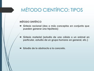 MÉTODO CIENTÍFICO: TIPOS
MÉTODO SINTÉTICO
 Síntesis racional (dos o más conceptos en conjunto que
pueden generar una hipótesis)
 Síntesis material (estudio de una célula o un animal en
particular, estudio de un grupo humano en general, etc.)
 Estudio de lo abstracto a lo concreto.
 