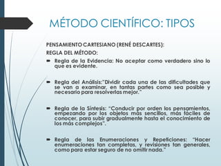 MÉTODO CIENTÍFICO: TIPOS
PENSAMIENTO CARTESIANO (RENÉ DESCARTES):
REGLA DEL MÉTODO:
 Regla de la Evidencia: No aceptar como verdadero sino lo
que es evidente.
 Regla del Análisis:”Dividir cada una de las dificultades que
se van a examinar, en tantas partes como sea posible y
necesario para resolverlas mejor.”
 Regla de la Síntesis: “Conducir por orden los pensamientos,
empezando por los objetos más sencillos, más fáciles de
conocer, para subir gradualmente hasta el conocimiento de
los más complejos”.
 Regla de las Enumeraciones y Repeticiones: “Hacer
enumeraciones tan completas, y revisiones tan generales,
como para estar seguro de no omitir nada.”
 