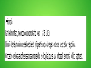 •Biografía
KarlHeinrichMarx,mejorconocidocomoCarlosMarx(1818-1883).
Filósofoalemán,máximopensadorsocialistayfigurahistóricaclaveparaentenderlasociedadylapolítica.
Concretizósusideasendiferentesobras,unadeellaseselcapital,queesunacríticaalaeconomíapolíticacapitalista.
 