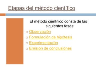 Etapas del método científico

           El método científico consta de las
                    siguientes fases:
          Observación
          Formulación de hipótesis
          Experimentación
          Emisión de conclusiones
 