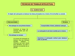 TÉCNICAS DE TRABAJO INTELECTUAL
EL SUBRAYADO
El objeto del subrayado es destacar las ideas principales de un texto a fin de facilitar su estudio
PRECAUCIONES TÉCNICA
No subrayar en una primera lectura
Corremos el riesgo de
subrayar ideas que son
accesorias
No subrayar en exceso
Un exceso de subrayado no
destaca. Hay que subrayar
aquellas palabras u
oraciones que sean claves
para identificar una idea o
expresar el contenido de un
párrafo.
Comprendido el texto, podemos subrayar.
Lo subrayado ha de tener sentido por sí mismo
Usaremos el subrayado vertical para destacar
todo un párrafo.
 