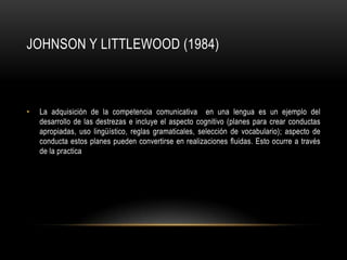 JOHNSON Y LITTLEWOOD (1984)



•   La adquisición de la competencia comunicativa en una lengua es un ejemplo del
    desarrollo de las destrezas e incluye el aspecto cognitivo (planes para crear conductas
    apropiadas, uso lingüístico, reglas gramaticales, selección de vocabulario); aspecto de
    conducta estos planes pueden convertirse en realizaciones fluidas. Esto ocurre a través
    de la practica
 