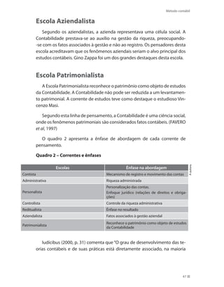 Método contábil
47
Escola Aziendalista
Segundo os aziendalistas, a azienda representava uma célula social. A
Contabilidade prestava-se ao auxílio na gestão da riqueza, preocupando-
-se com os fatos associados à gestão e não ao registro. Os pensadores desta
escola acreditavam que os fenômenos aziendais seriam o alvo principal dos
estudos contábeis. Gino Zappa foi um dos grandes destaques desta escola.
Escola Patrimonialista
A Escola Patrimonialista reconhece o patrimônio como objeto de estudos
da Contabilidade. A Contabilidade não pode ser reduzida a um levantamen-
to patrimonial. A corrente de estudos teve como destaque o estudioso Vin-
cenzo Masi.
Segundo esta linha de pensamento, a Contabilidade é uma ciência social,
onde os fenômenos patrimoniais são considerados fatos contábeis. (FAVERO
et al, 1997)
O quadro 2 apresenta a ênfase de abordagem de cada corrente de
pensamento.
Quadro 2 – Correntes e ênfases
Escolas Ênfase na abordagem
Contista Mecanismo de registro e movimento das contas
Administrativa Riqueza administrada
Personalista
Personalização das contas.
Enfoque jurídico (relações de direitos e obriga-
ções)
Controlista Controle da riqueza administrativa
Reditualista Ênfase no resultado
Aziendalista Fatos associados à gestão aziendal
Patrimonialista
Reconhece o patrimônio como objeto de estudos
da Contabilidade
Aautora.
Iudícibus (2000, p. 31) comenta que “O grau de desenvolvimento das te-
orias contábeis e de suas práticas está diretamente associado, na maioria
 