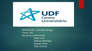 PROFESSOR : Francelino Braga
Turma : N2
Alunos(a): André Inácio
Dalia Lima
Débora Machado
Raquel Vieira
Talita Gomes
 
