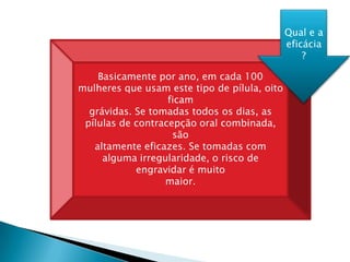 Basicamente por ano, em cada 100
mulheres que usam este tipo de pílula, oito
ficam
grávidas. Se tomadas todos os dias, as
pílulas de contracepção oral combinada,
são
altamente eficazes. Se tomadas com
alguma irregularidade, o risco de
engravidar é muito
maior.
Qual e a
eficácia
?
 