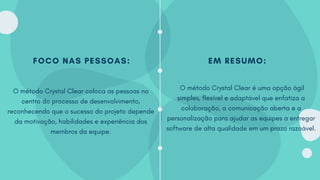FOCO NAS PESSOAS:
O método Crystal Clear coloca as pessoas no
centro do processo de desenvolvimento,
reconhecendo que o sucesso do projeto depende
da motivação, habilidades e experiência dos
membros da equipe.
EM RESUMO:
O método Crystal Clear é uma opção ágil
simples, flexível e adaptável que enfatiza a
colaboração, a comunicação aberta e a
personalização para ajudar as equipes a entregar
software de alta qualidade em um prazo razoável.
 
