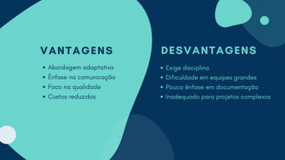 DESVANTAGENS
Exige disciplina
Dificuldade em equipes grandes
Pouca ênfase em documentação
Inadequado para projetos complexos
VANTAGENS
Abordagem adaptativa
Ênfase na comunicação
Foco na qualidade
Custos reduzidos
 
