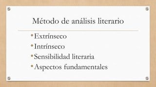 Método de análisis literario
•Extrínseco
•Intrínseco
•Sensibilidad literaria
•Aspectos fundamentales