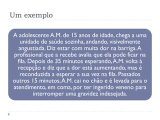 Um exemplo
A adolescente A.M. de 15 anos de idade, chega a uma
unidade de saúde sozinha, andando, visivelmente
angustiada. Diz estar com muita dor na barriga.A
profissional que a recebe avalia que ela pode ficar na
fila. Depois de 35 minutos esperando,A.M. volta à
recepção e diz que a dor está aumentando, mas é
reconduzida a esperar a sua vez na fila. Passados
outros 15 minutos,A.M. cai no chão e é levada para o
atendimento, em coma, por ter ingerido veneno para
interromper uma gravidez indesejada.
 