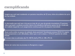 exemplificando
Imagine que você está recebendo um paciente masculino, de 22 anos, vítima de acidente de carro
em sua unidade.
A informação que você tem é de que se trata de um caso de grande traumatismo. O paciente
refere que após o acidente acordou dentro da ambulância.Apresenta queixa de dor moderada
em maléolo esquerdo e um sangramento continuo, porém de pequena intensidade.
Quais serão então os passos da avaliação deste paciente? Geralmente ansioso, ECG=15, respira
espontaneamente e sem dificuldade, refere que o carro estava a 110 Km/h quando da colisão
frontal.
Os sinais vitais na admissão são: Pa 100/76, SatO2-97%, fc: 108 e FR: 22.
Vamos ver como isso se processa no fluxograma a seguir:
 