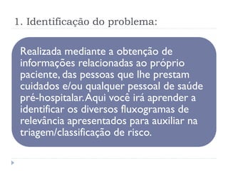 1. Identificação do problema:
Realizada mediante a obtenção de
informações relacionadas ao próprio
paciente, das pessoas que lhe prestam
cuidados e/ou qualquer pessoal de saúde
pré-hospitalar.Aqui você irá aprender a
identificar os diversos fluxogramas de
relevância apresentados para auxiliar na
triagem/classificação de risco.
 