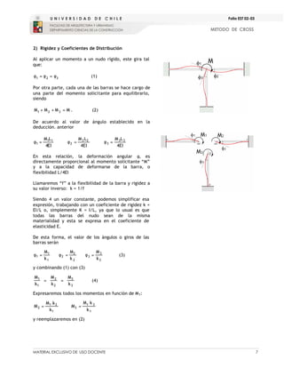 MATERIAL EXCLUSIVO DE USO DOCENTE 7
METODO DE CROSS
Folio EST 02-03
2) Rigidez y Coeficientes de Distribución
Al aplicar un momento a un nudo rígido, este gira tal
que:
3
2
1 φ
=
φ
=
φ (1)
Por otra parte, cada una de las barras se hace cargo de
una parte del momento solicitante para equilibrarlo,
siendo
M
M
M
M 3
2
1 =
+
+ . (2)
De acuerdo al valor de ángulo establecido en la
deducción. anterior
EI
4
L
M 1
1
1 =
φ
EI
4
L
M 2
2
2 =
φ
EI
4
L
M 3
3
3 =
φ
En esta relación, la deformación angular φ, es
directamente proporcional al momento solicitante “M”
y a la capacidad de deformarse de la barra, o
flexibilidad L/4EI
Llamaremos “f” a la flexibilidad de la barra y rigidez a
su valor inverso: k = 1/f
Siendo 4 un valor constante, podemos simplificar esa
expresión, trabajando con un coeficiente de rigidez k =
EI/L o, simplemente K = I/L, ya que lo usual es que
todas las barras del nudo sean de la misma
materialidad y esta se expresa en el coeficiente de
elasticidad E.
De esta forma, el valor de los ángulos o giros de las
barras serán
1
1
1
k
M
=
φ
2
2
2
k
M
=
φ
3
3
3
k
M
=
φ (3)
y combinando (1) con (3)
3
3
2
2
1
1
k
M
k
M
k
M
=
= (4)
Expresaremos todos los momentos en función de M1:
1
2
1
2
k
k
M
M =
1
3
1
3
k
k
M
M =
y reemplazaremos en (2)
 