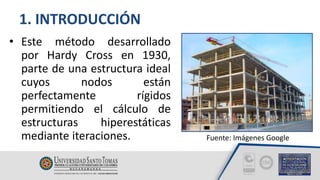 1. INTRODUCCIÓN
• Este método desarrollado
por Hardy Cross en 1930,
parte de una estructura ideal
cuyos nodos están
perfectamente rígidos
permitiendo el cálculo de
estructuras hiperestáticas
mediante iteraciones. Fuente: Imágenes Google
 