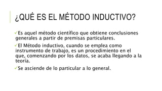 ¿QUÉ ES EL MÉTODO INDUCTIVO?
Es aquel método científico que obtiene conclusiones
generales a partir de premisas particulares.
El Método inductivo, cuando se emplea como
instrumento de trabajo, es un procedimiento en el
que, comenzando por los datos, se acaba llegando a la
teoría.
Se asciende de lo particular a lo general.
 