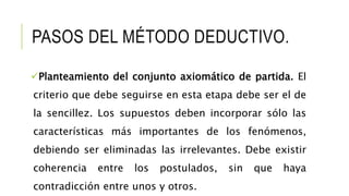 PASOS DEL MÉTODO DEDUCTIVO.
Planteamiento del conjunto axiomático de partida. El
criterio que debe seguirse en esta etapa debe ser el de
la sencillez. Los supuestos deben incorporar sólo las
características más importantes de los fenómenos,
debiendo ser eliminadas las irrelevantes. Debe existir
coherencia entre los postulados, sin que haya
contradicción entre unos y otros.
 