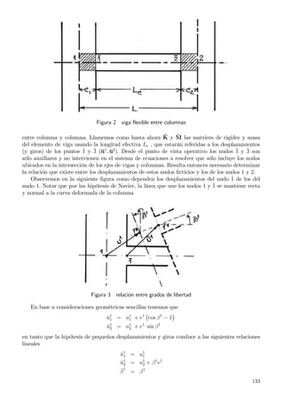 Figura 2 viga ﬂexible entre columnas
entre columna y columna. Llamemos como hasta ahora ¯K y ¯M las matrices de rigidez y masa
del elemento de viga usando la longitud efectiva Le , que estarán referidas a los desplazamientos
(y giros) de los puntos ¯1 y ¯3 (¯u1
, ¯u2
). Desde el punto de vista operativo los nudos ¯1 y ¯3 son
sólo auxiliares y no intervienen en el sistema de ecuaciones a resolver que sólo incluye los nodos
ubicados en la intersección de los ejes de vigas y columnas. Resulta entonces necesario determinar
la relación que existe entre los desplazamientos de estos nudos ﬁcticios y los de los nudos 1 y 2.
Observemos en la siguiente ﬁgura como dependen los desplazamientos del nudo ¯1 de los del
nudo 1. Notar que por las hipótesis de Navier, la línea que une los nudos 1 y ¯1 se mantiene recta
y normal a la curva deformada de la columna
Figura 3 relación entre grados de libertad
En base a consideraciones geométricas sencillas tenemos que
¯u1
1 = u1
1 + e1
cos β1
− 1
¯u1
2 = u1
2 + e1
sin β1
en tanto que la hipótesis de pequeños desplazamientos y giros conduce a las siguientes relaciones
lineales
¯u1
1 = u1
1
¯u1
2 = u1
2 + β1
e1
¯β
1
= β1
133
 