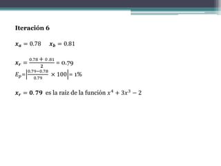 Iteración 6
𝒙 𝒂 = 0.78 𝒙 𝒃 = 0.81
𝒙 𝒓 =
0.78 + 0 .81
𝟐
= 0.79
𝐸 𝑝=
0.79−0.78
0.79
× 100 = 1%
𝒙 𝒓 = 𝟎. 𝟕𝟗 es la raíz de la función 𝑥4
+ 3𝑥3
− 2
 