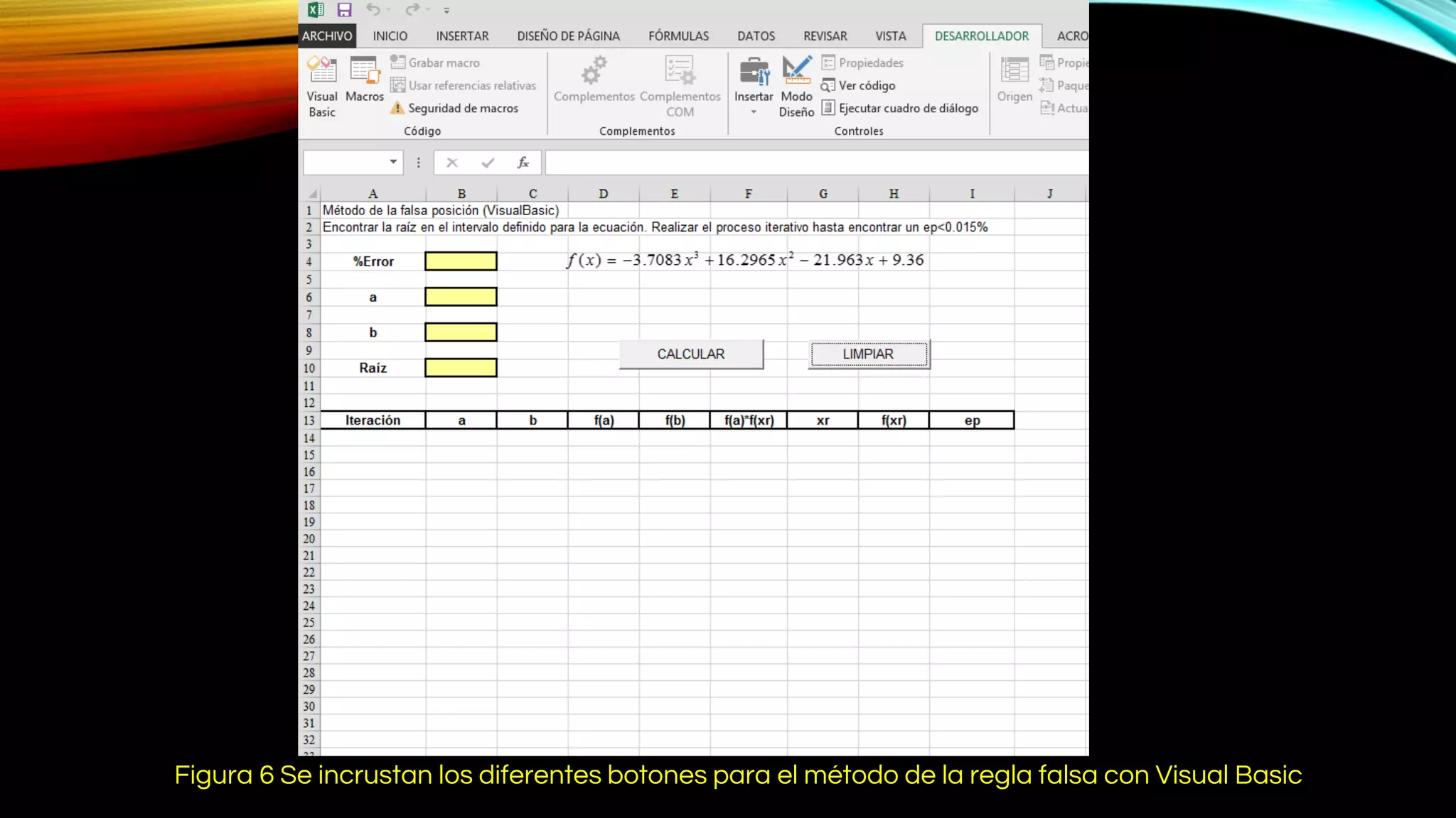 Figura 6 Se incrustan los diferentes botones para el método de la regla falsa con Visual Basic
 