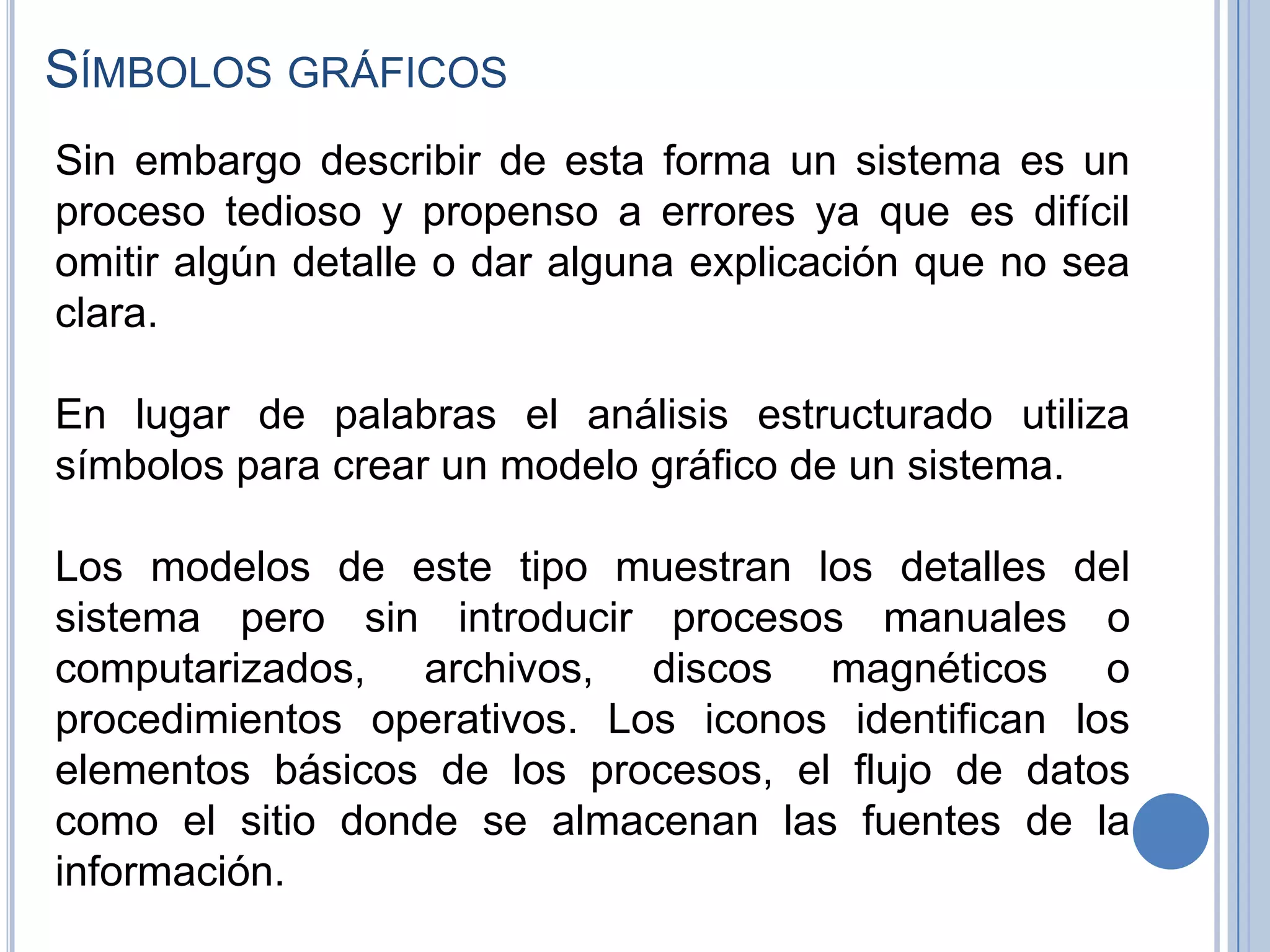 Símbolos gráficosSin embargo describir de esta forma un sistema es un proceso tedioso y propenso a errores ya que es difícil omitir algún detalle o dar alguna explicación que no sea clara.  En lugar de palabras el análisis estructurado utiliza símbolos para crear un modelo gráfico de un sistema.  Los modelos de este tipo muestran los detalles del sistema pero sin introducir procesos manuales o computarizados, archivos, discos magnéticos o procedimientos operativos. Los iconos identifican los elementos básicos de los procesos, el flujo de datos como el sitio donde se almacenan las fuentes de la información.  