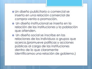  Un diseño publicitario o comercial se
inserta en una relación comercial de
compra-venta o promoción.
 Un diseño institucional se inserta en la
relación de las instituciones y la población
que atienden.
 Un diseño social se inscribe en las
relaciones de los individuos o grupos que
acerca.(promueve políticas y acciones
públicas al cargo de las instituciones
dentro de lo que claramente
identificamos una relación de gobierno.)
 