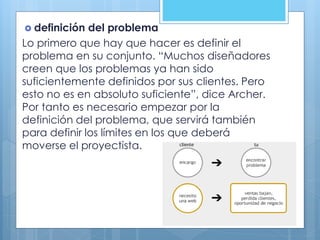  definición del problema
Lo primero que hay que hacer es definir el
problema en su conjunto. “Muchos diseñadores
creen que los problemas ya han sido
suficientemente definidos por sus clientes. Pero
esto no es en absoluto suficiente”, dice Archer.
Por tanto es necesario empezar por la
definición del problema, que servirá también
para definir los límites en los que deberá
moverse el proyectista.
 