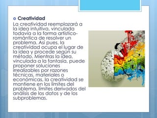  Creatividad
La creatividad reemplazará a
la idea intuitiva, vinculada
todavía a la forma artístico-
romántica de resolver un
problema. Así pues, la
creatividad ocupa el lugar de
la idea y procede según su
método. Mientras la idea,
vinculada a la fantasía, puede
proponer soluciones
irrealizables por razones
técnicas, materiales o
económicas, la creatividad se
mantiene en los límites del
problema, límites derivados del
análisis de los datos y de los
subproblemas.
 